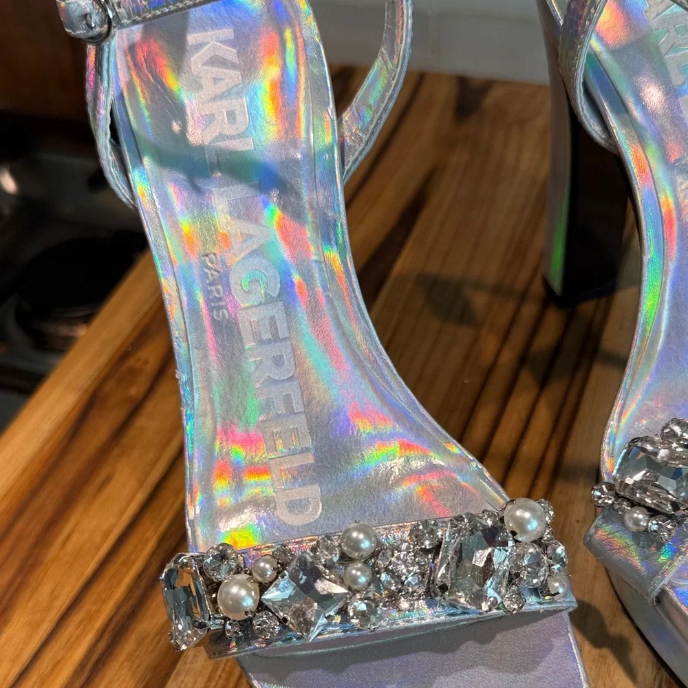 Karl Lagerfeld Holographic Jeweled Platform Sandals - Silver